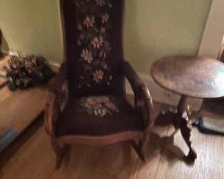 Vintage embroidered rocker …burl wood round side table 