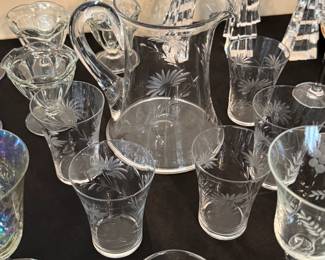 Beautiful Etched Glasses and Water Pitcher