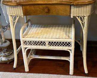 Wicker and Wood Make-Up Stand and Bench