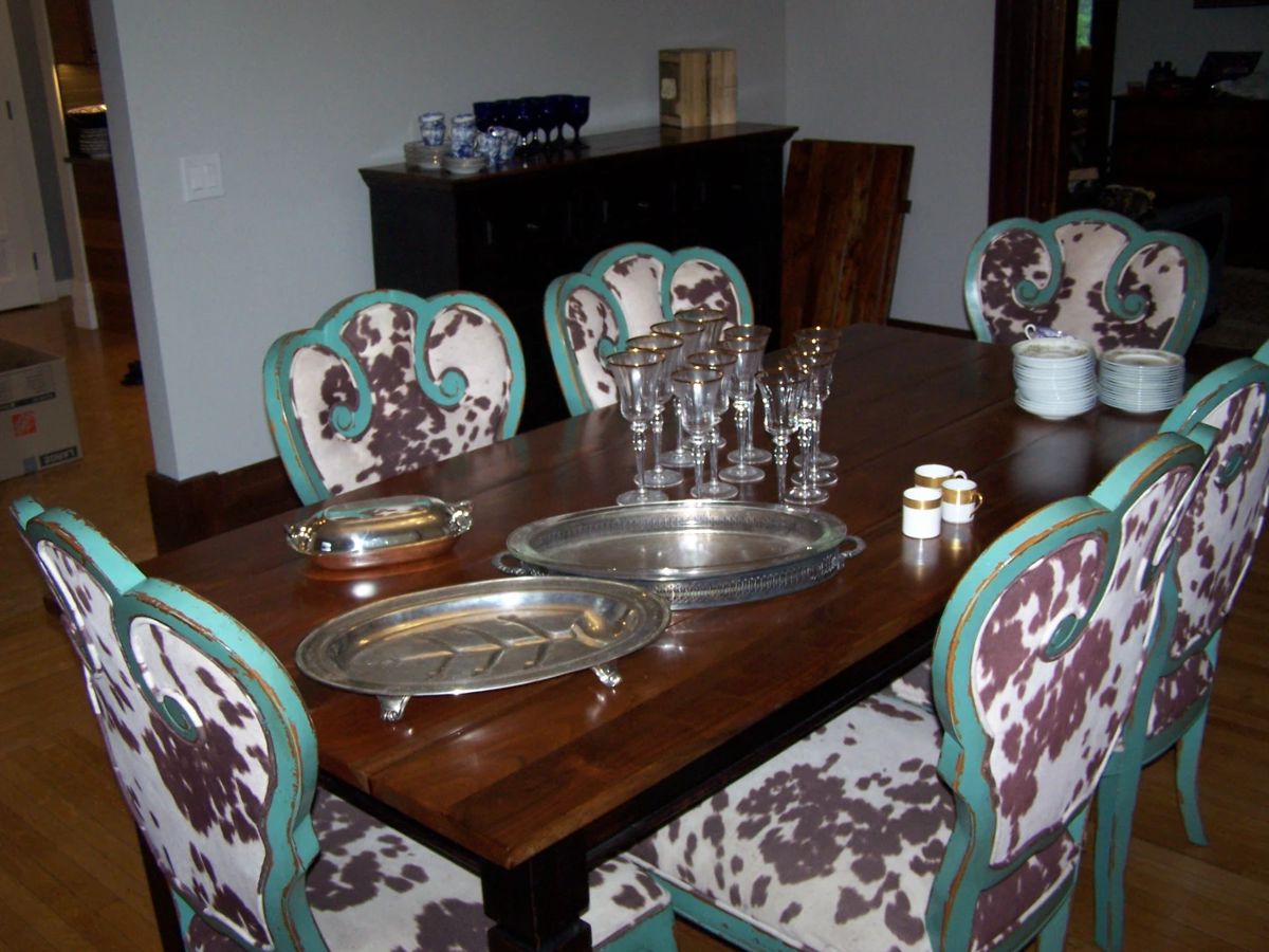 WALNUT FARM TABLE WITH TWO EXTENDER LEAVES, 6 CHAIRS, SILVER-PLATE SERVING PIECES & GOLD-TRIM STEMWARE