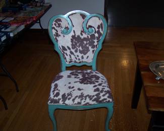 DETAIL OF DINING CHAIR--FAUX COWHIDE UPHOLSTERY!