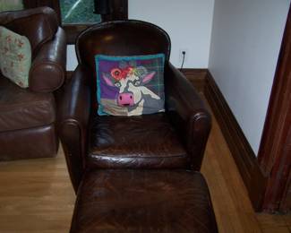 BROWN LEATHER EASY CHAIR & OTTOMAN