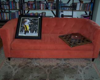 WEST ELM SOFA, AUTOGRAPHED STEELERS POSTER & OLD CHESS BOARD