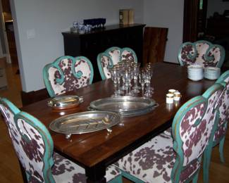 WALNUT FARM TABLE WITH TWO EXTENDER LEAVES, 6 CHAIRS, SILVER-PLATE SERVING PIECES & GOLD-TRIM STEMWARE