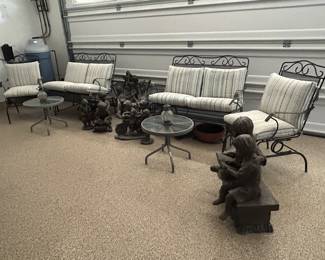 Patio furniture, flower pots and statuary. 