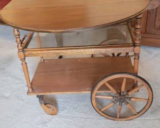 Vintage wood tea cart with drop leaf sides and removable glass tray