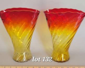 Pair of amber swirl fluted glass vases