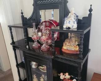 Antique knick knack display curio, vintage oil lamps, glass porcelain and ceramics