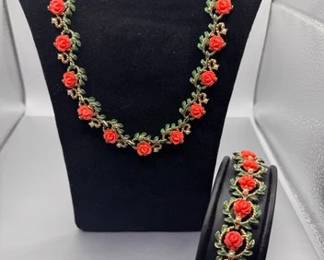 Coral celluloid flower necklace and bracelet
