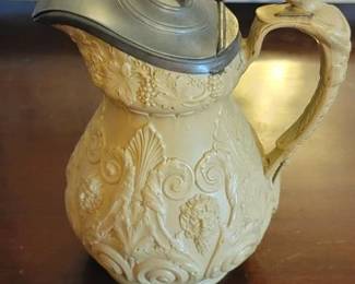 Antique Victorian 1800s Bacchus & Pan Ridgeway stoneware and pewter lidded pitcher