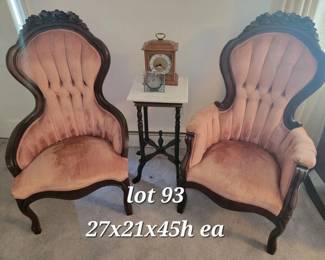Pair of Victorian antique chairs and marble top plant stand
