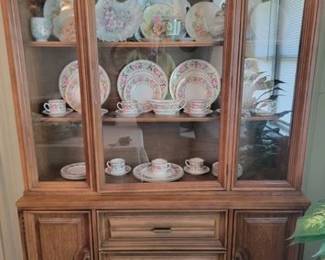 MCM Bassett Furniture china cabinet. Vintage Royal Worcester Royal Garden hand painted china