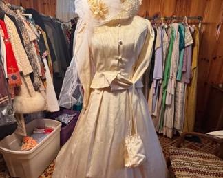 Vintage wedding gown, hat and handbag
