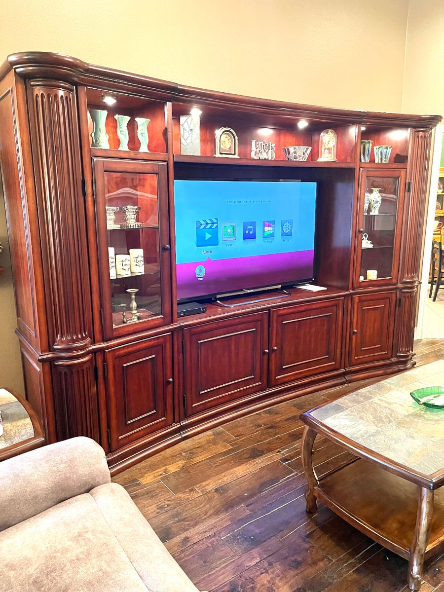 10’ wide curved front solid wood entertainment center