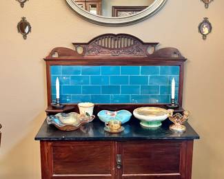 Wonderful antique sideboard/wash stand with solid marble top and tile inset backsplash and candle shelves