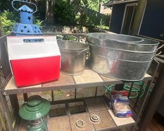 Cooler, metal buckets & lanterns