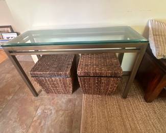 Glass console table & storage ottomans