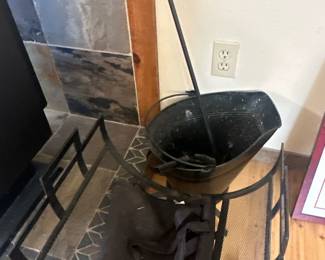 Fireplace ash bucket with shovel & poker