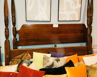 Carved king headboard - 4 poster.  Throw pillows