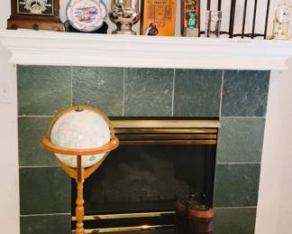 Wood fireplace mantle, gas logs and fireplace surround