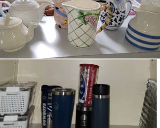 Ceramic pitchers and teapots.  Beverage travel cups