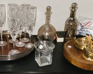 Bar serving items: decanters, stemware, trays, cheese boards
