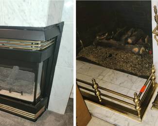 Demo items: Fireplace logs and surrounds. Brass fire tools and log bumper
