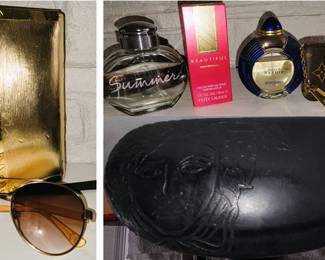 Designer sunglasses and purfumes: Tori Burch, Versace, Louis Vuitton