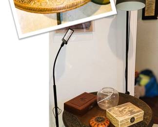 Round, antique low side table - carved.  Giant industrial style lamp. Standing magnifier 