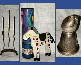 Small Candle Holder, Kaleidoscope, Wooden Horse and MCM Pig Bell