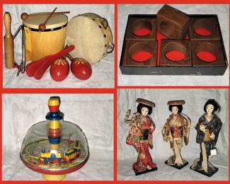 Kids Musical Instrument Set, MCM Wooden Napkin Rings, Toy Train Spinning Top and Japanese Dolls