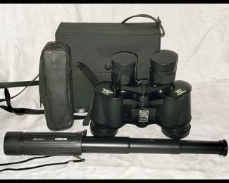 Bushnell Insta Focus Binoculars and Carson Telescope; Both with Cases