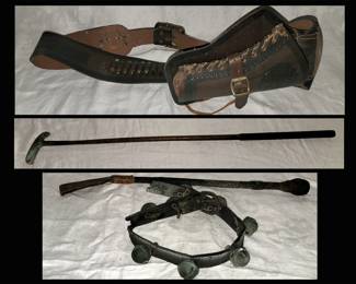 Gun Holster and Belt, Wooden Shafted Putter and Old Bells