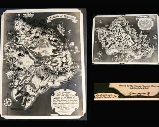 Cartographs of Hawaii and Oahu; there are also cartographs of Lanai and Kauai; All part of the 1936 Aloha Honolulu Memory Book