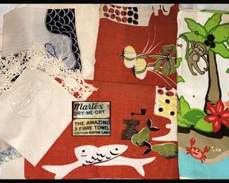Mid Century Modern Martex Dry Me Dry Kitchen Towels and Hand Painted Kitchen Towels; Never Used although need some cleaning