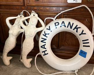 Great vintage hanky-panky boat buoy, and two matching topless mermaid boobies