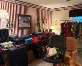 Office items, furniture and mens clothing