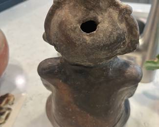 Seated figure of a woman/flute. Olmecoid, 300 BC. Perfect, uncleaned condition. Very rare. Found on Southern Pacific coast of Guatemala.