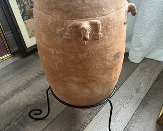 Very large Terra Cotta Jar with iron stand. Pre-Columbian.