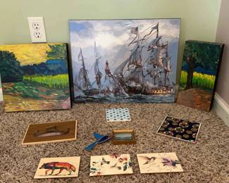 Mixed Art Lot including 3 Wooden Postcards