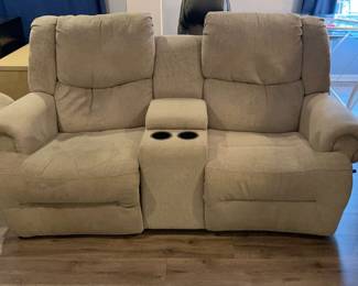 Cream Sofa with Recliners Beverage Console