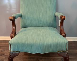 Vintage Wood Carved Chair With Greenteal Fabric