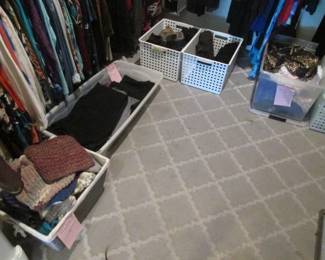 Bins of Ladies Sweaters, Tee Shirts & Swimsuits +++