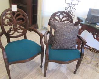 Pair of Arm Chairs, Upholstered Seats & Carved Back Designs