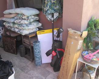 Patio-Style Cushions, Umbrella, Golf Clubs & Bag