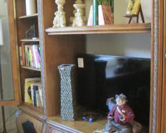 Large Wall Unit, Lighted, Carved Detailing, Glass Doors with Loads of Storage & Shelf Display.