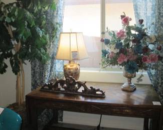 Century Furniture Drop-Sides Executive Desk,                            2-Drawers, 62" X 32"  (Drop Sides 14" Each Side)                                                                               Tall Potted Silk Trees, 6' & 7'