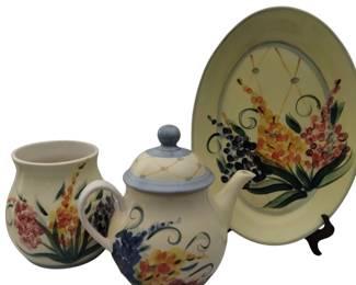 Studio Pottery Gail Pittman Floral Kitchen Decor Tea Pot Vase Platter