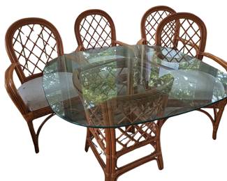 Vintage Rattan Furniture: Dining Room Set Glass Top Table 4 Chairs
