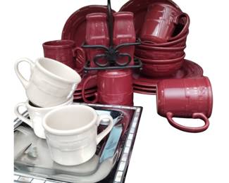 Longaberger Mugs Plates Salt Pepper Red + White Aluminum Inset Platter
